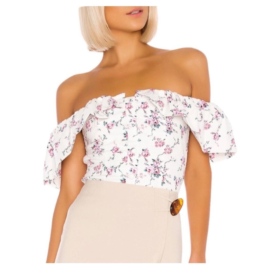 LPA White Floral Print Ruffled Off the Shoulder Linen Smocked Top Size XS